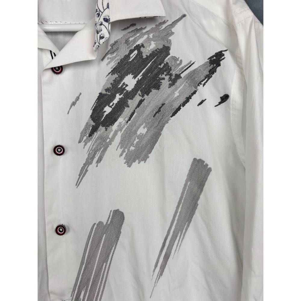 Bugatchi Uomo Mens White Abstract Graphic Button Down Shirt Shaped Fit Size M - Picture 5 of 12